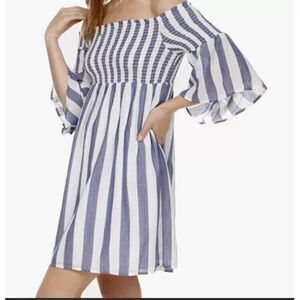 Lucky Brand Womens Striped Smocked Dress‎ Size M Chambray White Off The Shoulder
